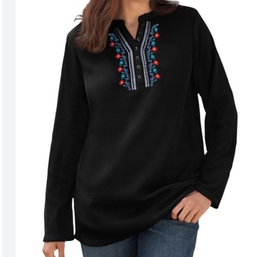 Women Within Henley Thermal Top Womens‎ 2X Black Embroidered Artsy Western Boho